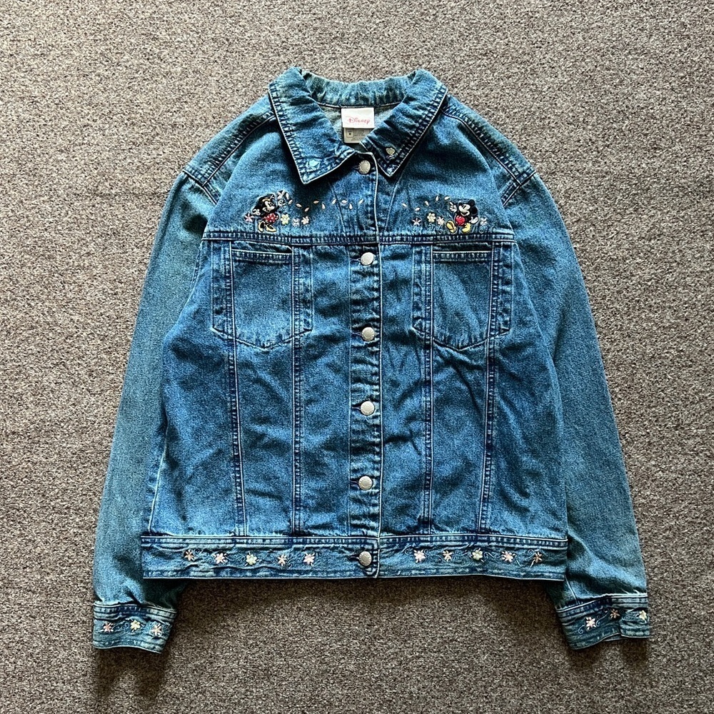 Vintage 90s Disney Mickey & Minnie Flowers Embroidered Denim Jean Jacket Women M